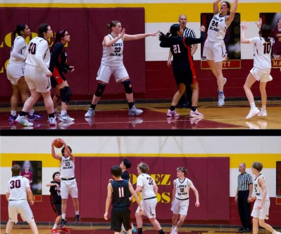 <p>Gene Helfman photos.</p>
                                <p>Top: Kylie Willemsen brings down a rebound while (left to right) Evelyn Aguilar-Clavel, Betty Burt (40), Dani Arnott (33) and Elle Patrick (10) ready to move the ball down the court. Bottom: Nathan Kinney grabs a rebound, while Jack Leyde (30), Kayden Sarazin (32), Benji Stephenson (12) and Ian Cankusic (10) look on.</p>