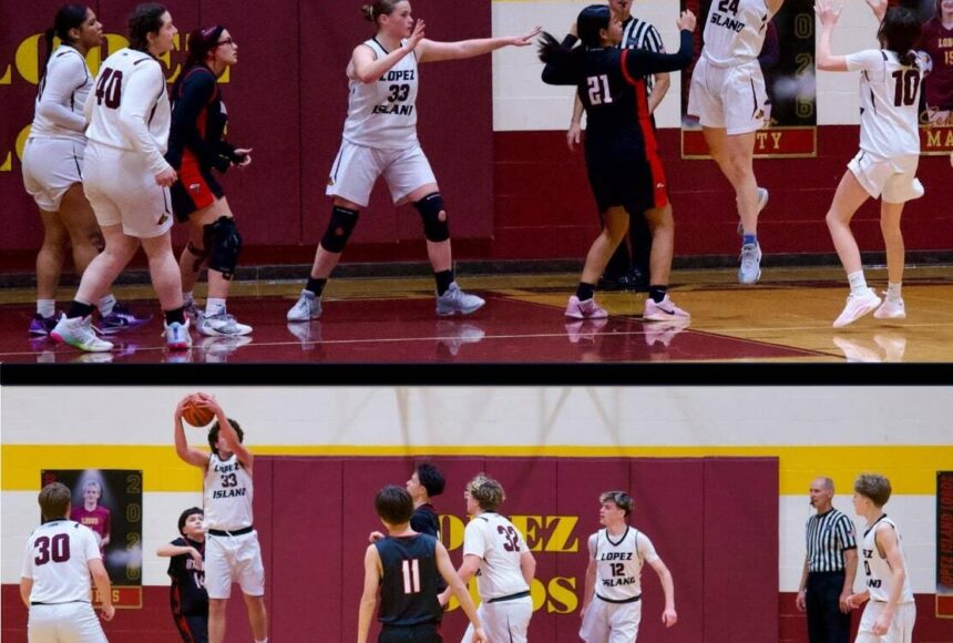 <p>Gene Helfman photos.</p>
                                <p>Top: Kylie Willemsen brings down a rebound while (left to right) Evelyn Aguilar-Clavel, Betty Burt (40), Dani Arnott (33) and Elle Patrick (10) ready to move the ball down the court. Bottom: Nathan Kinney grabs a rebound, while Jack Leyde (30), Kayden Sarazin (32), Benji Stephenson (12) and Ian Cankusic (10) look on.</p>