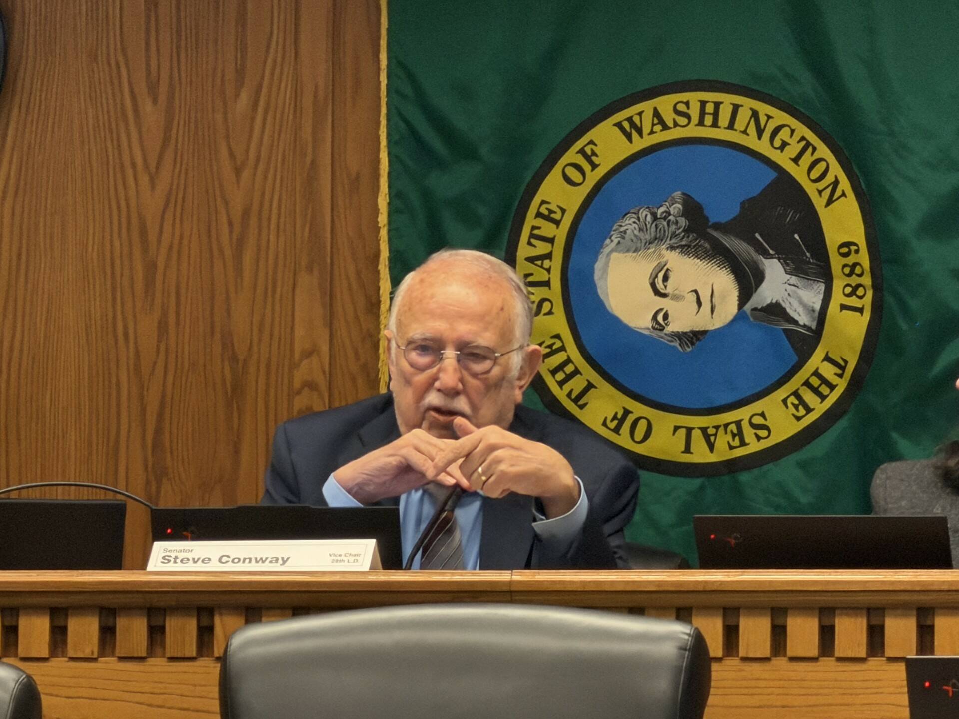 Cassie Diamond photo.
Sen. Steve Conway, D-South Tacoma, speaks in support of Senate Bill 6147 during a public hearing on Jan. 27. Conway is the prime sponsor of the bill.
