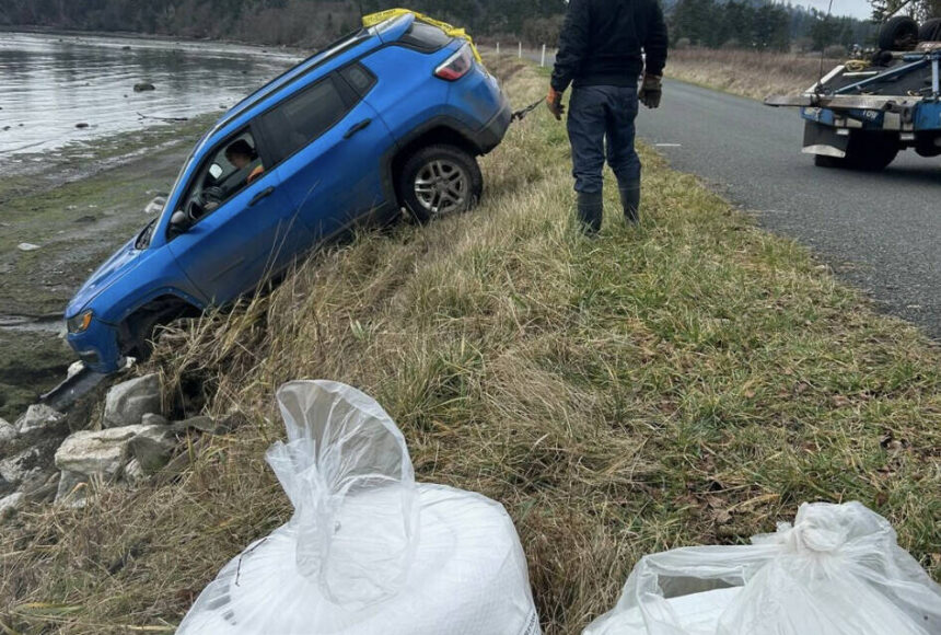 <p>Contributed photo.</p>
                                <p>Jan. 7, 2025: Most of IOSA&rsquo;s responses involve boats, but that&rsquo;s not always the case. A report of a car in False Bay on San Juan brought Deputy Director Rick Winings out with absorbents and other gear, ready to deal with a car-sized spill. Fortunately, no spill occurred, and the sheriff towed the car away without incident.</p>