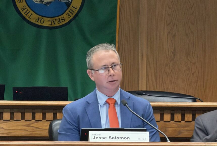 <p>Cassie Diamond photo.</p>
                                <p>Prime sponsor Sen. Jesse Salomon speaks in support of Senate Bill 6296 during a public hearing Feb. 2.</p>