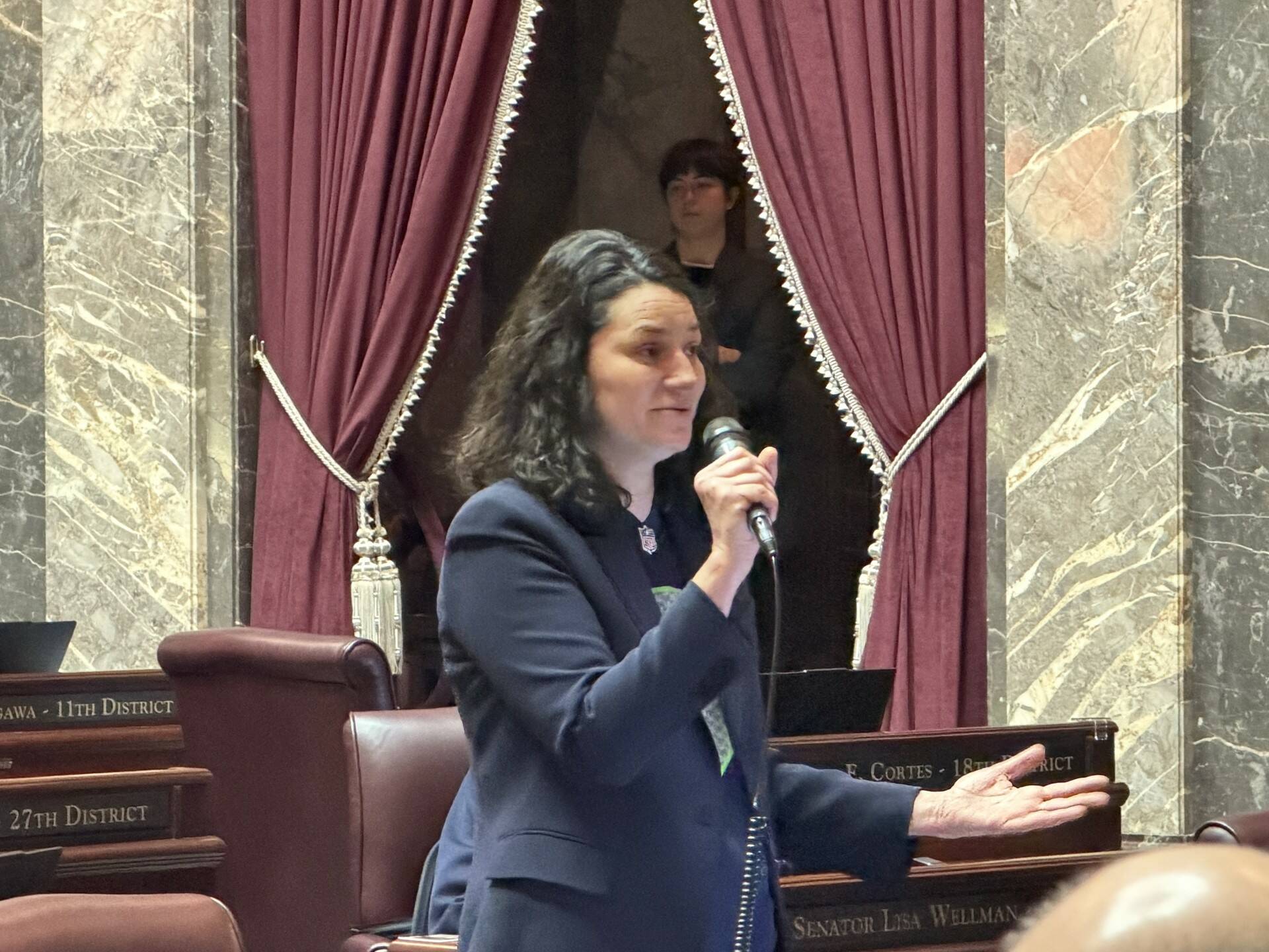 Cassie Diamond photo.
Sen. Emily Alvarado, D-Seattle, speaks during a Senate floor session Feb. 6.