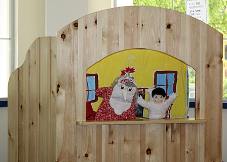 High school Spanish students performing a show in the new puppet theatre.