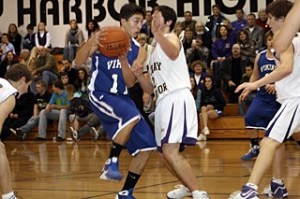 Vikings senior Sedrick Wooding finds an opening in the key and drops in two of his team-high eight points in Tuesday's 52-35 loss at Friday Harbor.