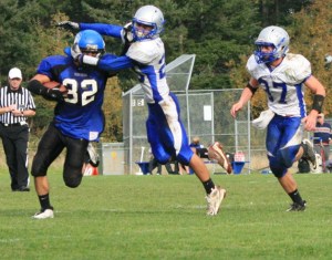 A La Conner player leaped in the air to tackle Viking Michael Langworthy by the head. Refs allowed play to continue