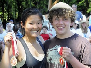 Skipper Carly Temple with crew Nile Reed had a strong showing as well in the V-15 class; after leading five races on Saturday they slipped to second place overall in the light shifty winds on Sunday.