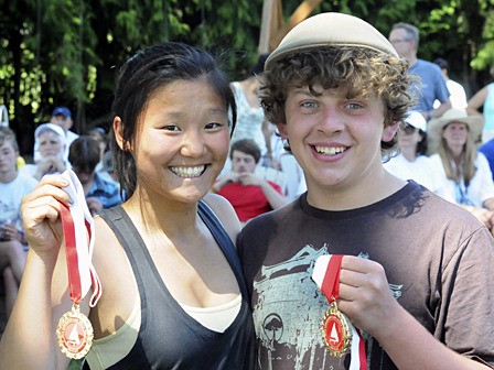 Skipper Carly Temple with crew Nile Reed had a strong showing as well in the V-15 class; after leading five races on Saturday they slipped to second place overall in the light shifty winds on Sunday.