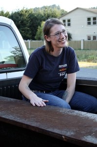 Firefighter Dove Dingman with the beam.