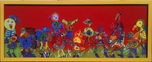 Every student in Chasanoff’s class created a bird which was then incorporated into this colorful collage with the help of Michele deLong.