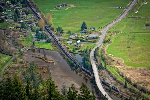 A loaded BNSF coal train headed north near Blanchard