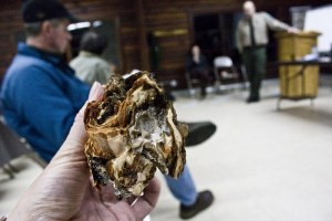 Rob Fimbel with the Washington State Parks’ Stewardship Program passes around an example of laminated root rot at a public meeting