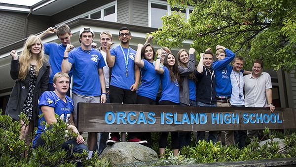 Left to right: Members of the Orcas High School leadership class. Jay Zier (kneeling)