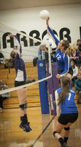 Viking Mary Wilson (12) up for a massive hit during a game against the Wolverines early on in their successful season.