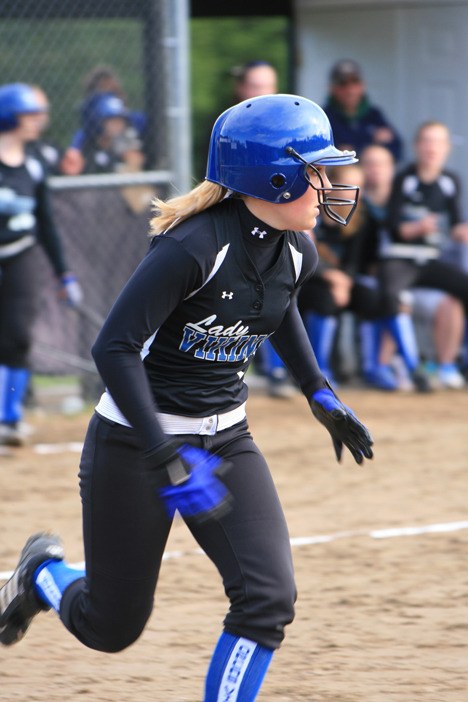 Freshman Bella Nigretto breaks for first in a previous game. Nigretto hit a grand slam against La Conner on May 17.