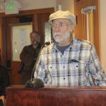 Staff photo/Hayley Day                                Kirman Taylor, of the Lopez Community Trails Network, tells council he has collected up to 400 signatures in favor of the sale of the Clure property to the San Juan County Land Bank for public use.