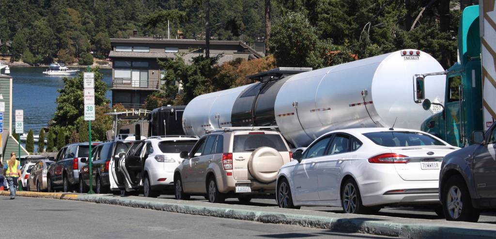 Staff photo/Hayley Day                                Drivers wait for the 1:50 p.m. departure from Friday Harbor on Tuesday, July 18. The sailing was pushed back to 2:45 p.m.