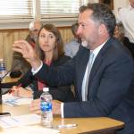 Staff photo/Hayley Day                                Sen. Kevin Ranker, D-Orcas, explains the summer&rsquo;s disruptive sailing schedule to the Washington State Transportation Commission at the Town of Friday Harbor Council chambers on Sept. 19.