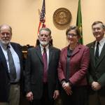 Staff photo/Hayley Day                                San Juan County District Court Judge Stewart Andrew, retiring San Juan County Superior Court Judge Donald Eaton, incoming San Juan County Superior Court Judge Katie Loring, and Island County Superior Court Judge Alan Hancock. Hancock served as the San Juan County Superior Court Judge until 2008.
