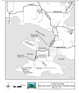 Contributed image/San Juan County                                This map shows the part of the MacKaye Harbor Road that a county feasibility study suggests moving to protect it from rising sea level projections. The section runs along the southern tip of the road, starting near Aleck BayRoad, past Barlow and Outer Bays and the Agate Beach County Park, to Seth Road.