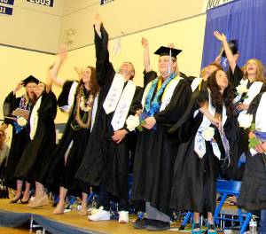 Colleen Smith Armstrong/staff photo                                The 2018 Orcas Island High School graduating class celebrates receiving their diplomas by throwing off their caps.