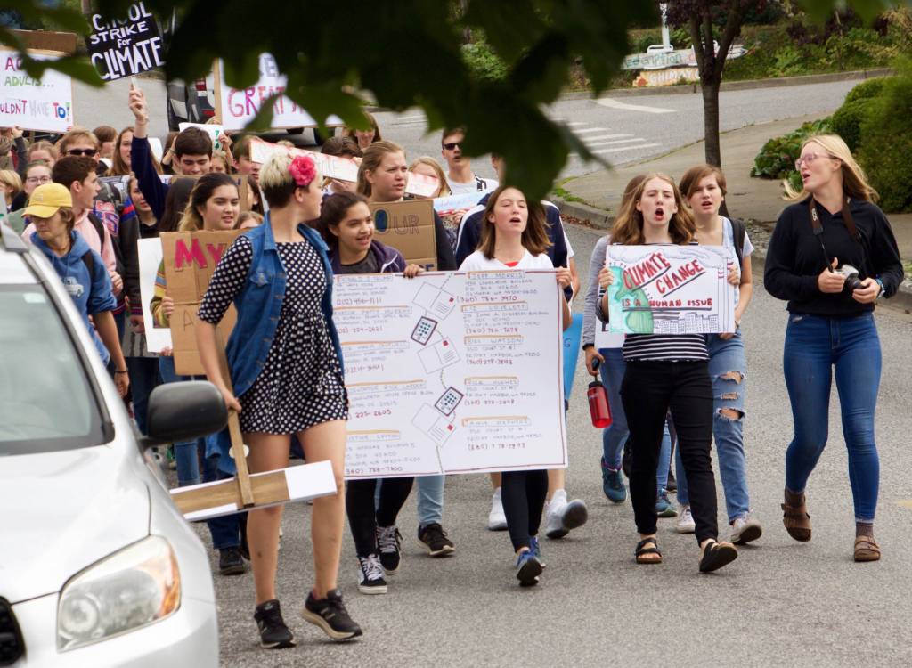 Led by students at Orcas Island High School, climate strikers marched in the streets of Eastsound at noon