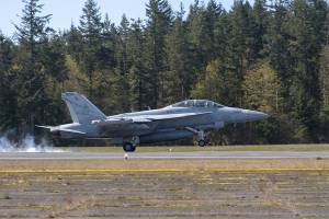 An EA-18G Growler assigned to the Lancers of Electronic Attack Squadron (VAQ) 131 lands during a Field Carrier Landing Practice at an outlying landing field attached to Naval Air Station Whidbey Island. (U.S. Navy photo by Mass Communication Specialist 2nd Class Marc Cuenca/Released)