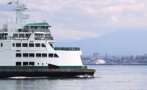 This photo shows the apparent moment of impact of Mondays collision between the ferry Tokitae and a humpback whale that had just surfaced. (Bart Rulon)