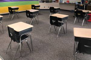 Empty desks await students at Friday Harbor Elementary School. (Emillie Novak/staff photo)