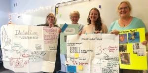 Colleen Smith/staff photo
Orcas Island School District teacher Catherine Laflin, Orcas Island Elementary School and Montessori Public Principal Lorena Stankevich and OISD teachers Alexa Nigretto and Anne Ford McGrath with some of the materials used in GLAD strategies for the classroom.
