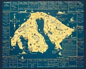 Left: Charlotte Kimple Map  1930s Tourist Map of Orcas Island.