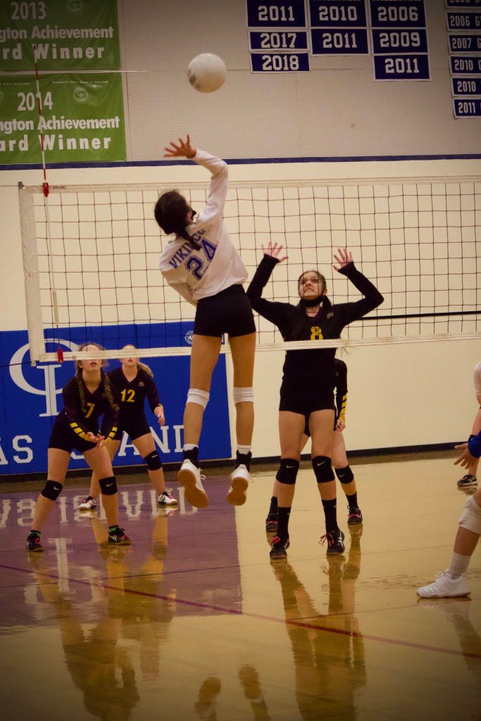 Corey Wiscomb photo
A vital kill scored by Senior Alecia Talbot helped project Orcas past the Concrete Lions to win the fourth and final set of the match.