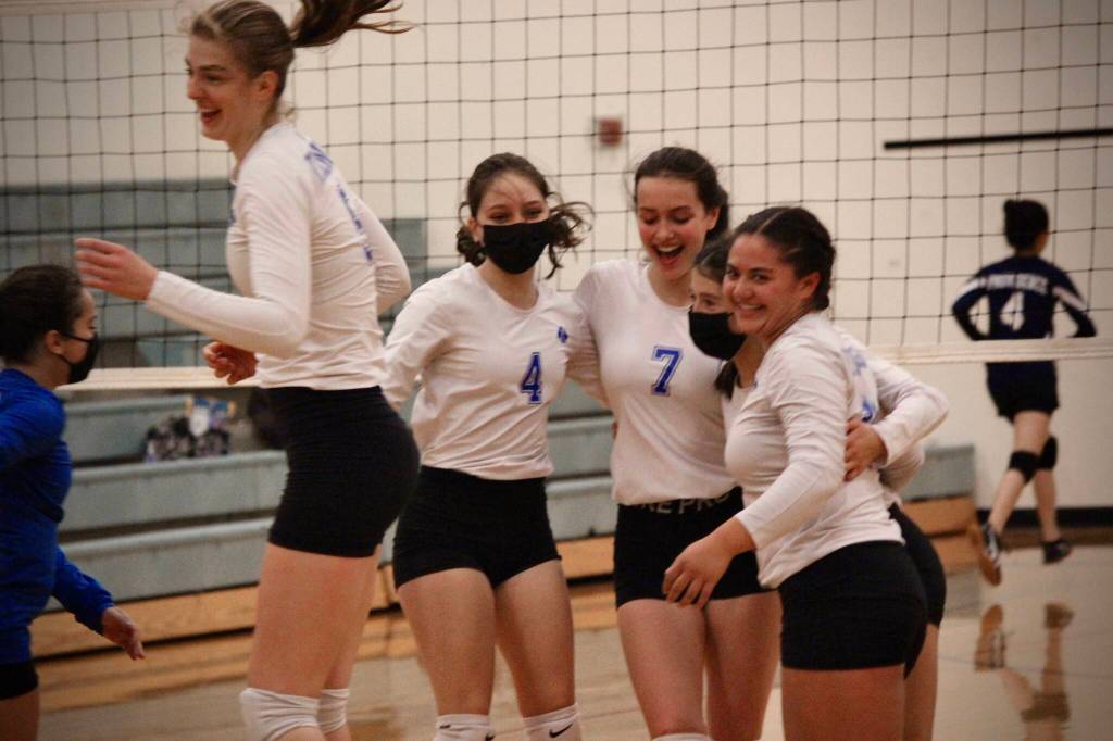 Corey Wiscomb photo
L-R: Bethany Carter, Shaye Spinner, Sera Knapp, Ava Ashcraft and Tayla Malo celebrate the home playoff win against Providence.