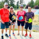 Contributed photo by the Orcas Rotary Club
The 2021 Orcas Island Pickleball Tournament Mixed Doubles champs: Greg Stafford and Jill Bates (gold); Suzanne Olson and Kevin Lee (silver).