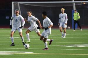 Chris Sutton photo.
Seniors (left to right) Tommy Anderson-Cleveland, Celia Groeninger, Pedro Guerra, Diego Lago and Paxton White in the final game against Friday Harbor.