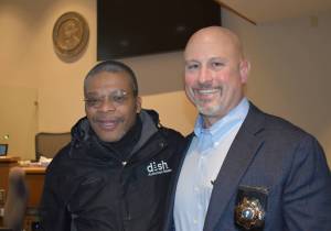Kelley Balcomb-Bartok Staff photo
Newly Elected Sheriff Eric Peter poses with Friday Harbor Mayor Ray Jackson following his official swearing in ceremony Dec. 30 at the Superior Court courtroom.