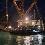 Contributed photo.
The partially submerged Tugboat Tulalip is successfully lifted from the waters near the Lopez ferry terminal Wednesday night.