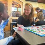 Colleen Smith Summers photo.
Left to right: Edela Fleming, Pepper Binkley and Woody Ciskowski at a recent game night at the Orcas Library.
