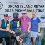 Group B Womens Doubles finishers: Donna Laslo and Rosedanie Cadet (second place), and Barb Skotte and Monica Connell (first place).