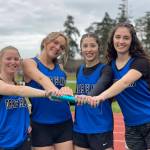 Keri Duenn photo.
Left to right: Soli Halabisky, Malia Martinolich, Ava Ashcraft and Sofia Mahony-Jauregui participated in the relay event at track on March 20.