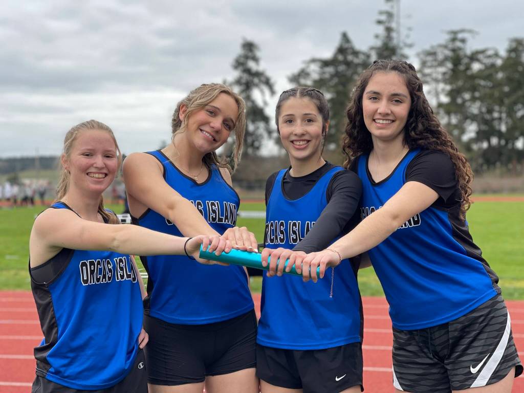 Keri Duenn photo.
Left to right: Soli Halabisky, Malia Martinolich, Ava Ashcraft and Sofia Mahony-Jauregui participated in the relay event at track on March 20.