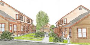 Architects rendering of the townhomes at Aprils Grove (2018)  a similar design will be constructed at Pea Patch Lane.