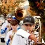 Corey Wiscomb photo.
Music Teacher Darren Dix (back left) lead the Marching Band through the streets of Eastsound and all the way to the stage on the Village Green where they performed for the Homecoming community festivities.