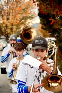 Corey Wiscomb photo.
Music Teacher Darren Dix (back left) lead the Marching Band through the streets of Eastsound and all the way to the stage on the Village Green where they performed for the Homecoming community festivities.