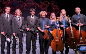 Senior musicians from OIHS pose following the Winter Concert. From l-r: Forest Frausto, Henry Walker, Calvin Saxe, Scarlett Coffey, Solianna Halabisky, Dagny Kruger and Kristian Freeman.