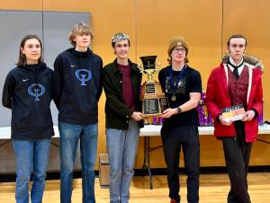 The winning Orcas Island chess team, left to right: Orion Arrow Johns, Max Dickey-Vollmer, Lamai Hons, Colter Bond and Thurmond Russel.