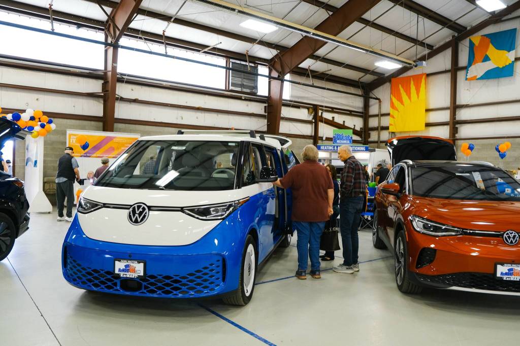 Volkswagon electric vehicles on showcase.