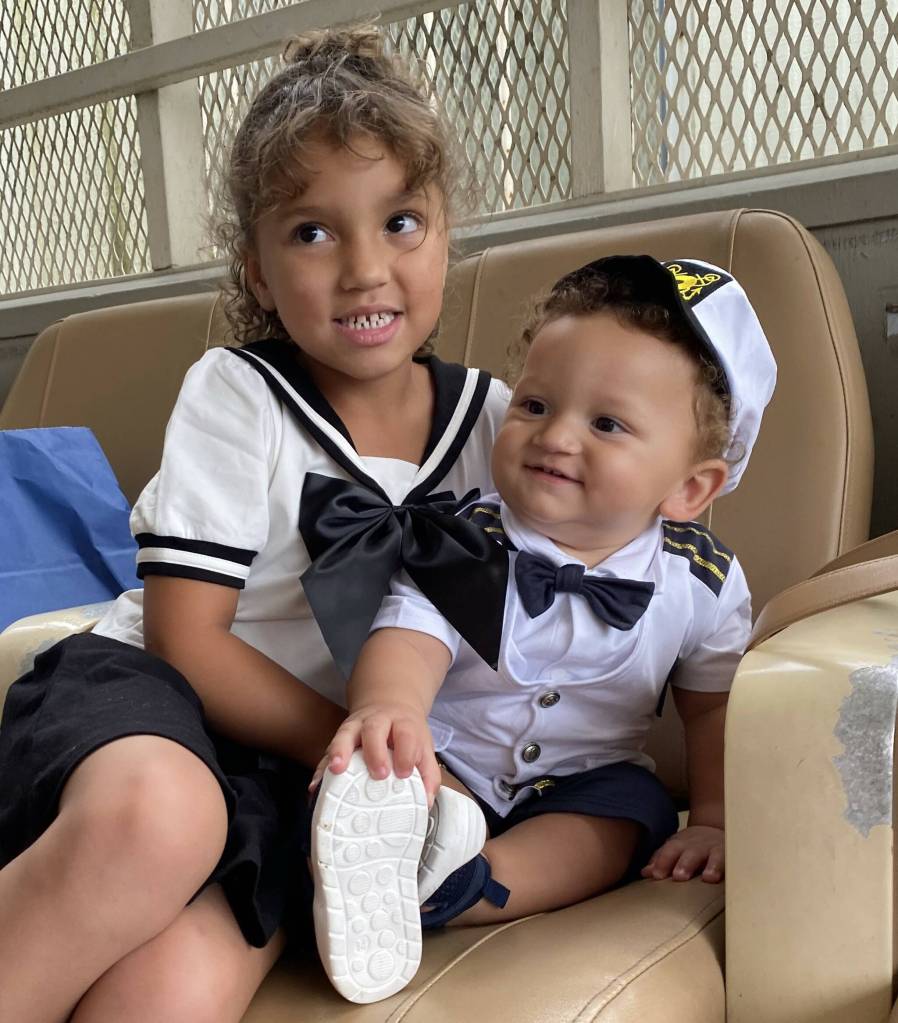 One year old Arlo and his sister Norah, celebrating his first birthday on the ferry