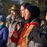 Darrell Kirk photo. Jasmine Ikeda (far right) on top of Mt. Constitution during the Sacred Sunrise Ceremony, which took place during the Gathering of the Eagles Canoe Voyage, which landed on Olga this spring.