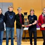 Washington State champ Orcas Island chess team, left to right: Orion Arrow Johns, Max Dickey-Vollmer, Lamai Hons, Colter Bond and Thurmond Russel.