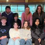 Founders and staff of the Peach Pit. Back row, left to right: Athena Moore, Meagan Gable, Isaac Figueroa, Annie Williams, Maia Vechey, Zane Howard, Sofia Mahony-Jauregui, Kyle Duncan Graham. Front row: Daniel Kasperski, Chase Connell, Katie Spinogatti, Chloe Anderson-Cleveland, Abril Perez Dominguez and Sofia Padilla.